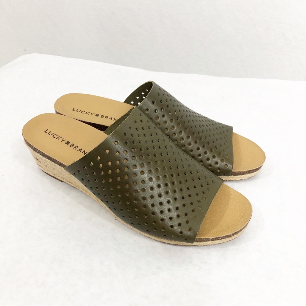 NEW Lucky Brand Jemya Leather Espadrille Wedge Open Toe Mules, Size 10, Green